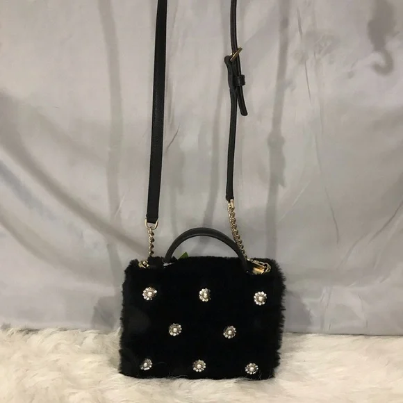 NWT Kate Spade Black Faux Fur Handle Crossbody Bag w/ Crystal Embellishments - Picture 7 of 16